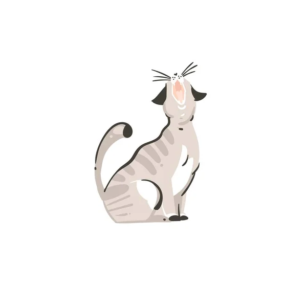 Mão desenhado vetor abstrato gráfico doodle cartoon ícone ilustração simples com bonito engraçado doméstico primavera meowing gato isolado no fundo branco —  Vetores de Stock