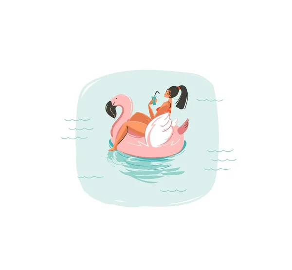 Çizilmiş vektör karikatür yaz saati eğlenceli el illüstrasyonlar simgesi pembe flamingo şamandıra yüzük tayin Beyaz arka plan üzerinde izole mavi okyanus dalgaları üzerinde Yüzme kızla — Stok Vektör
