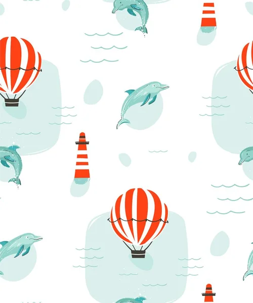 Hand dras vektor abstrakt söt sommartid tecknade illustrationer sömlösa mönster med varmluftsballonger, fyr och delfiner i blå havet vatten bakgrund — Stock vektor