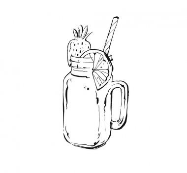 Elle çizilmiş vektör soyut sanat içki cam mason beyaz arka plan üzerinde izole tropikal meyve limonata sallamak mürekkep kroki çizimi yemek. Diyet Detoks kavramı