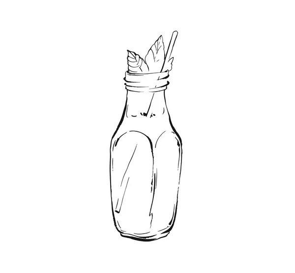 손으로 그린 벡터 추상 예술 요리 잉크 유리 병 용기 흰색 배경에 고립에서 열 대 과일 레모네이드 쉐이크 음료의 그림을 스케치 합니다. 다이어트 해독 개념 — 스톡 벡터
