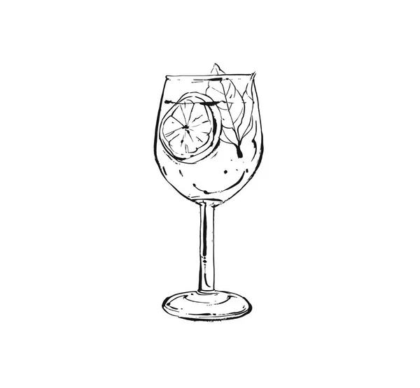 Χέρι αφηρημένη καλλιτεχνική μαγείρεμα μελάνι σκίτσο εικονογράφηση φορέας τροπικά φρούτα ποτό λεμονάδα κούνημα σε wineglass που απομονώνονται σε λευκό φόντο — Διανυσματικό Αρχείο