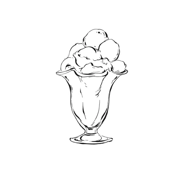 Vetor desenhado à mão tinta abstrata desenho gráfico desenho ilustração ícone com bolas de sorvete em tigela de vidro isolado no fundo branco —  Vetores de Stock