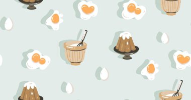 Yemek zamanı eğlenceli el çizilmiş vektör modern karikatür çizimler simgeler Dikişsiz desen yumurta, puding ve üzerinde mavi arka plan izole pot ile