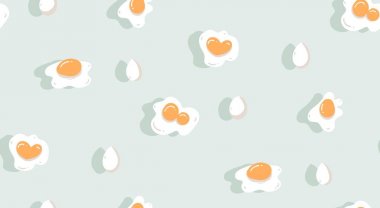 Yemek zamanı eğlenceli el çizilmiş vektör modern karikatür çizimler simgeler Dikişsiz desen yumurta ve izole mavi arka planda sarısı ile