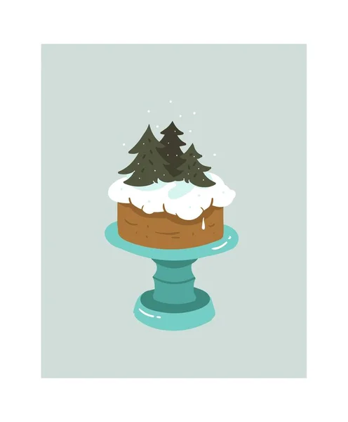 Hand drawn vector abstract cartoon cooking time fun illustrations icon with christmas trees and whipped cream cake on cake stand isolated on white background — Stock Vector