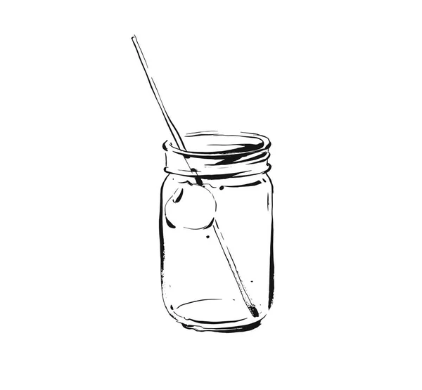 手描きベクトル抽象芸術料理インクスケッチトロピカルフルーツレモネードカクテルのイラスト白を基調としたガラス製のメイソンジャーでシェイクドリンク。 — ストックベクタ