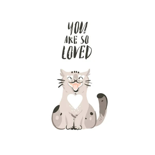 Gambar tangan kartun modern abstrak Happy Valentines Hari konsep kartu dengan kucing lucu dan tulisan tangan teks kaligrafi tinta modern kau begitu dicintai terisolasi di latar belakang putih - Stok Vektor