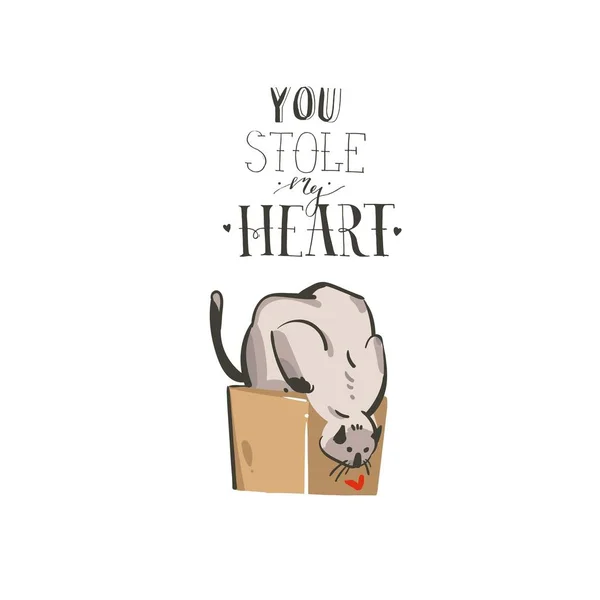 손으로 그린 벡터 추상적인 현대 만화 행복 한 발렌타인 하루 개념 삽화 카드 귀여운 고양이와 필기 현대 잉크 서 예 텍스트 흰색 배경에 고립 된 내 마음을 훔 쳤 다 — 스톡 벡터