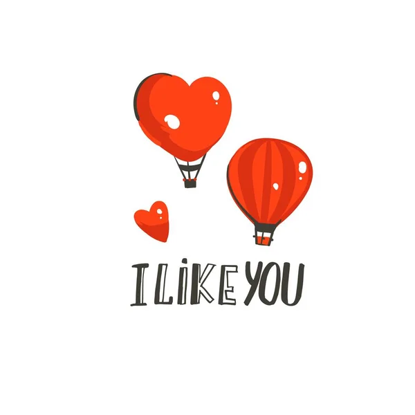 Vektör modern karikatür mutlu Sevgililer günü konsept çizimler kartı sıcak hava balonları ve beyaz arka plan üzerinde izole gibi el yazısı modern mürekkep hat metin ile el çekilmiş — Stok Vektör