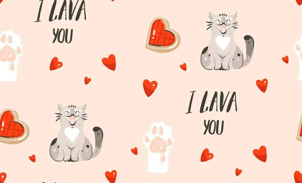 手描き抽象の現代漫画幸せなバレンタイン日コンセプト イラスト シームレス パターン ベクトルのかわいい猫、足、手書き書道ピンクのパステル調の背景に分離された多くの心と — ストックベクタ