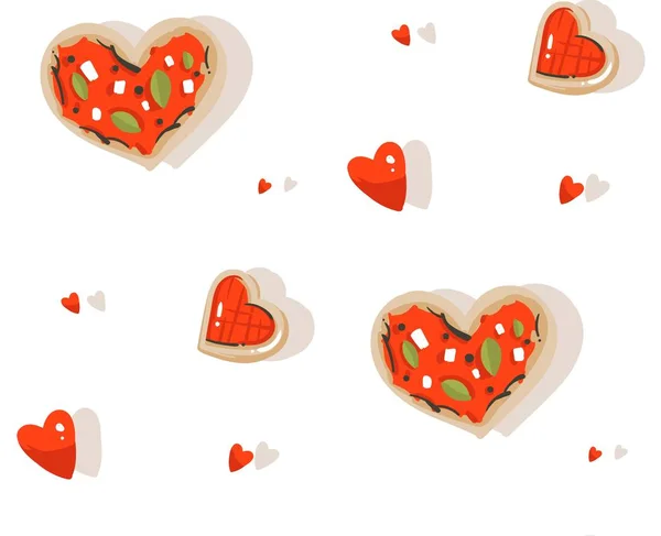 Ručně kreslenou vektorové abstraktní moderní kreslený Happy Valentines den koncept ilustrace bezešvé vzor s pizzou a soubory cookie srdce tvar a mnoho srdcí izolovaných na bílém pozadí — Stockový vektor