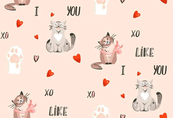 손으로 그린된 벡터 추상적인 현대 만화 행복 한 일 개념 삽화 원활한 패턴 귀여운 고양이, 발, 손으로 쓴된 붓글씨와 파스텔 핑크 배경에 고립 된 많은 마음 — 스톡 벡터