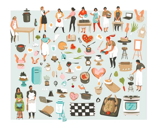 Dibujado a mano vector abstracto dibujos animados clase de cocina ilustraciones iconos colección conjunto con cocinero personajes hombres, mujeres y utensilios de cocina y alimentos aislados sobre fondo blanco — Vector de stock