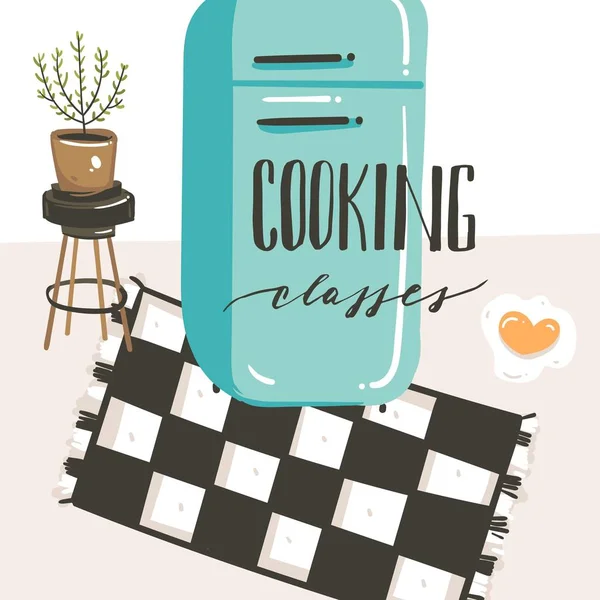 Χέρι συρμένο διάνυσμα αφηρημένη σύγχρονη γελοιογραφία μαγείρεμα κλάσης κουζίνα εσωτερικό εικονογραφήσεις αφίσα με ρετρό vintage ψυγείο και χειρόγραφες καλλιγραφία μαθήματα μαγειρικής που απομονώνονται σε λευκό φόντο — Διανυσματικό Αρχείο