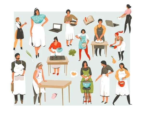 Dibujado a mano vector abstracto dibujos animados clase de cocina ilustraciones iconos colección conjunto con la gente de cocina personajes hombres y mujeres aislados sobre fondo blanco. — Vector de stock