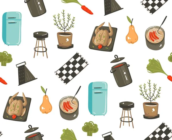手绘矢量抽象现代卡通烹饪时间有趣的插图图标与烹饪设备, 食品和厨房用具的无缝模式在白色背景下隔离 — 图库矢量图片