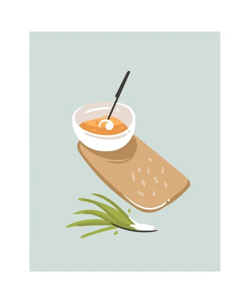 Ручной рисунок вектор абстрактный современный мультфильм время приготовления пищи забавные иллюстрации значок с вегетарианской тарелки суп изолированы на белом фоне. — стоковый вектор