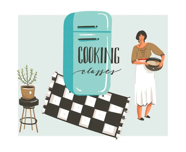 Vettore disegnato a mano astratto moderno cartone animato corso di cucina illustrazioni poster con retrò vintage donna chef, frigorifero e calligrafia scritta a mano classi di cucina isolate su sfondo bianco — Vettoriale Stock