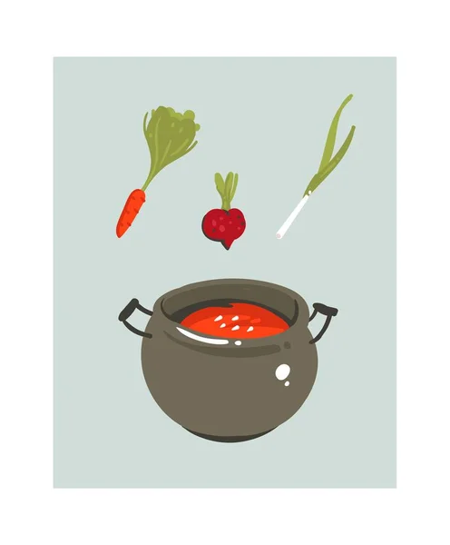 Ручний намальований вектор абстрактний сучасний мультфільм час приготування веселі ілюстрації значок з великою сковородою з томатним веганським супом ізольовані на білому тлі. Дизайн концепції приготування їжі — стоковий вектор