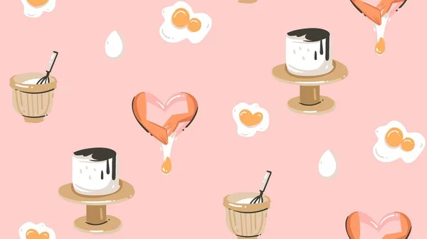 Hand getekende vector abstracte moderne cartoon koken tijd fun illustraties pictogrammen naadloze patroon met koken apparatuur, cakes en voedsel geïsoleerd op roze pastel achtergrond — Stockvector