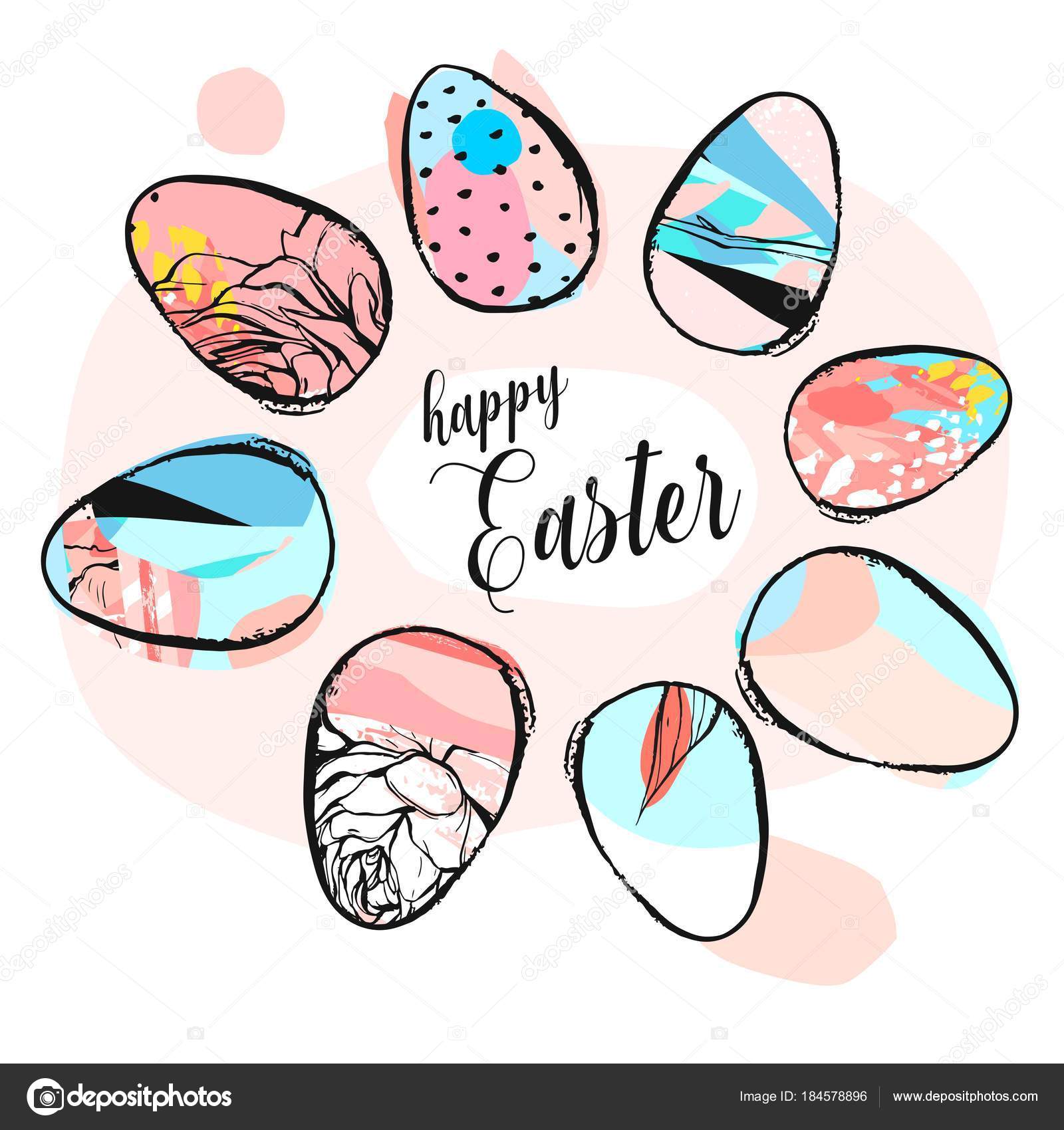 Vettore disegnato a mano astratto creativo felice Pasqua saluto illustrazione con spazzola astratta dipinta texture uova in colori pastello