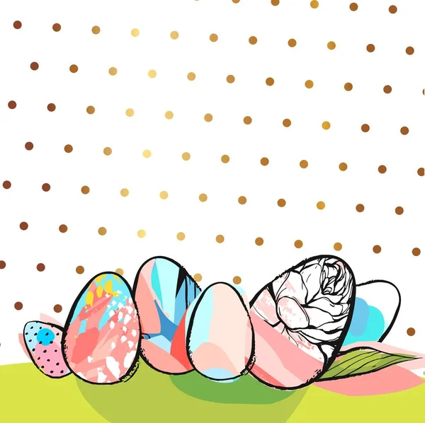 Рука намальована Векторний абстрактний креативний шаблон дизайну листівки з розфарбованими великодніми яйцями на зеленій траві з золотистим точковим фоном полоки в пастельних кольорах. Весняний пейзажний фон . — стоковий вектор