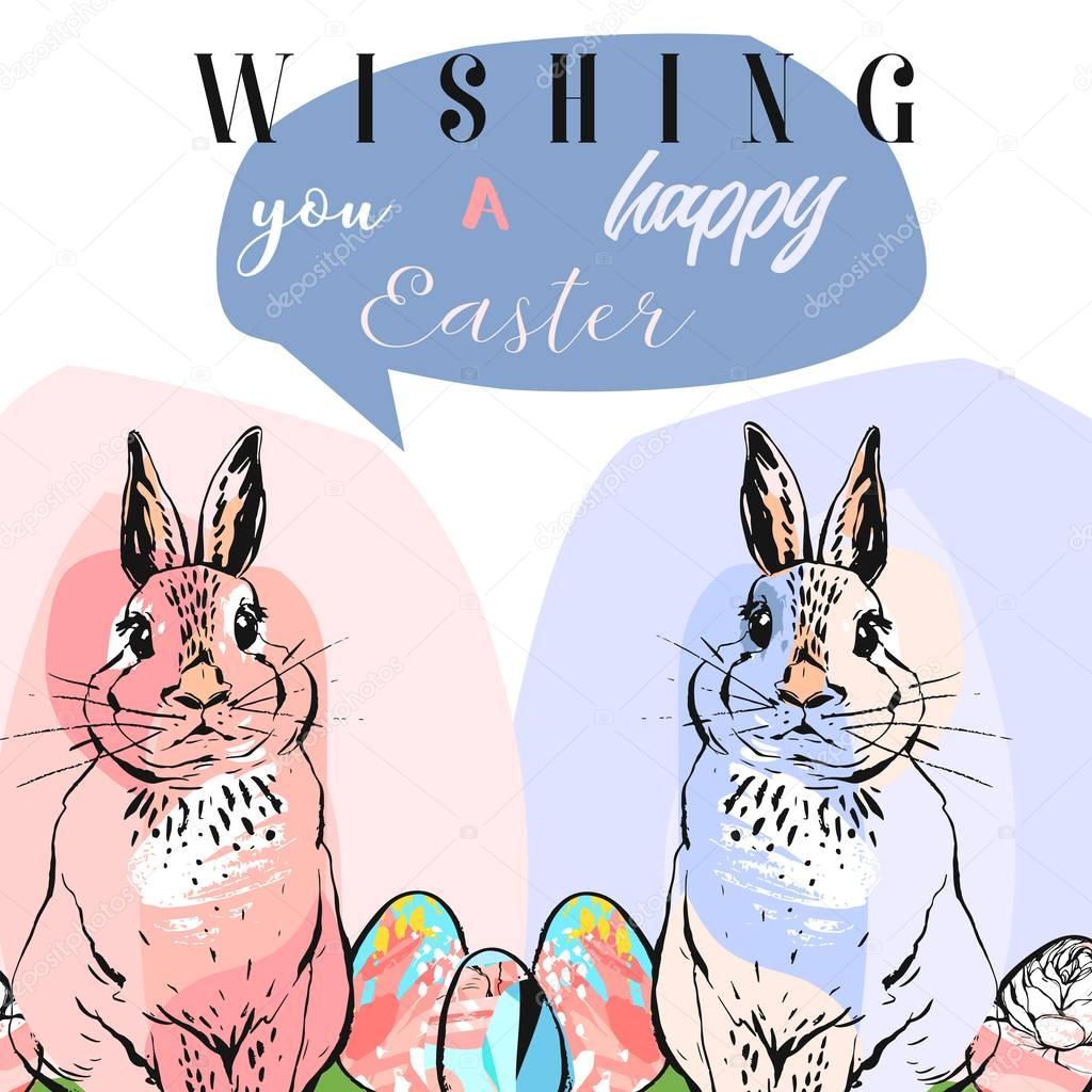 Hand drawn vector abstract collage funny poster with realistic rabbits,Easter eggs and Happy Easter quotes in pastel colors.Easter bunnies background.Cute trendy rabbit illustration.Easter greetings