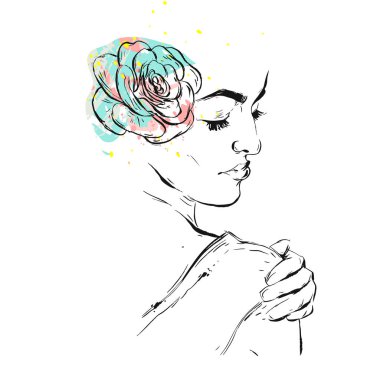 Elle çizilmiş vektör soyut dokulu kolaj çizim ile sulu baş üzerinde beyaz background.wedding,birthday.save tarihi, davet izole pastel renklerde ile gelin şekil
