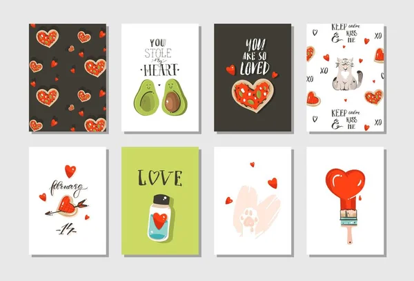 Elle çizilmiş vektör modern karikatür mutlu Sevgililer günü konsept çizimler kartları ayarla collectionwith sevimli kediler, pizza, Kalpler, avokado ve el yazısı hat beyaz arka plan üzerinde izole — Stok Vektör