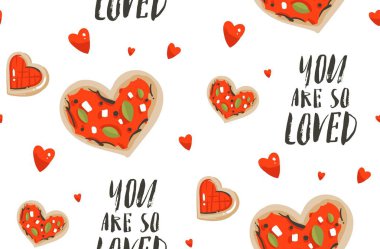 Elle çizilmiş vektör modern karikatür mutlu Valentines gün kavramı seamless modeli ile sevimli kalp şekli pizza, çerezler ve birçok kupa beyaz arka plan üzerinde izole