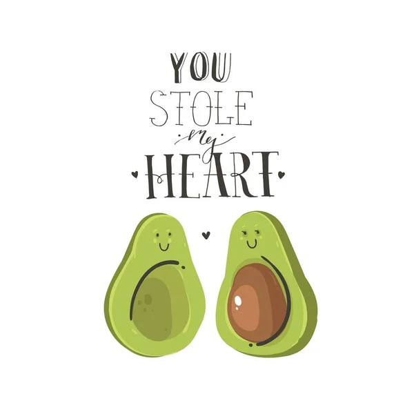 Handgezeichnet Vektor abstrakt cartoon happy valentines day concept illustrations card with avocado couple and handwritten modern ink calligraphy text you stole my heart isolated on white background — Stockvektor