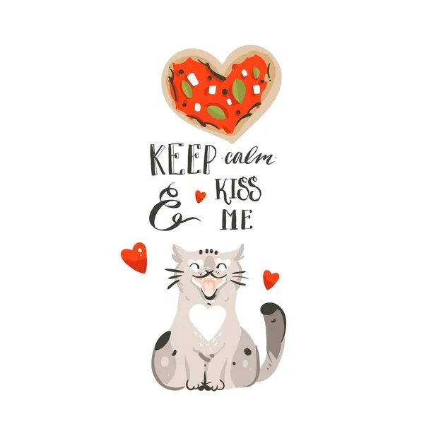 귀여운 고양이 함께 그려진된 벡터 추상 만화 행복 한 발렌타인 하루 개념 그림 카드를 손, 피자 마음과 손으로 현대 잉크 서 진정 하 고 흰색 배경에 고립 키스 — 스톡 벡터