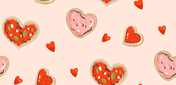 Ručně kreslenou vektorové abstraktní moderní kreslené Happy Valentines den koncept vzor bezešvé s roztomilý srdce tvar pizzu, cukroví a mnoho srdcí izolované na pastelově růžové pozadí — Stockový vektor