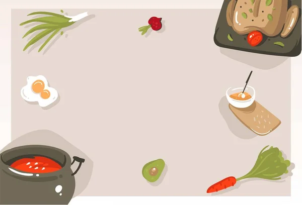 Dessin à la main vecteur abstrait moderne dessin animé cuisine concept illustrations affiche carte avec copyspace et place pour votre texte isolé sur fond gris — Image vectorielle