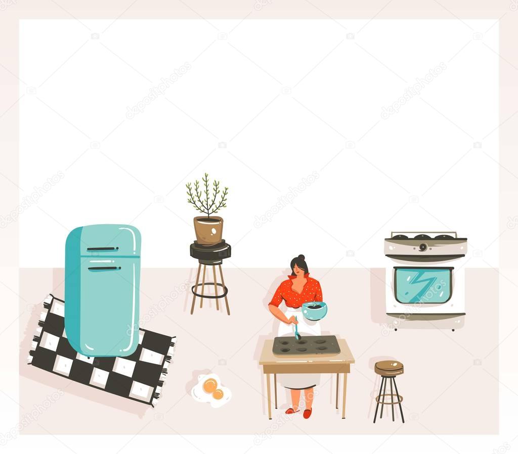 Hand drawn vector abstract modern cartoon cooking class illustrations poster with retro vintage woman chef,refrigerator and place for your text isolated on white background