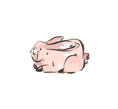 El çizilmiş vektör soyut mürekkep kroki grafiği beyaz arka plan üzerinde izole pastel renklerde İskandinav mutlu Paskalya basit tavşan resimler serbest el kolaj dokular ile çizim