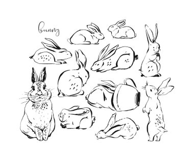 El çizilmiş vektör soyut mürekkep kroki grafiği İskandinav mutlu Paskalya basit tavşan resimler koleksiyonu pastel renkler beyaz arka plan üzerinde izole freehand kolaj dokular ile ayarla çizim