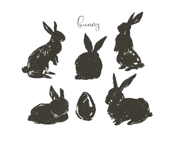 Hand drawn vector abstract ink sketch graphic drawing scandinavian Happy Easter simple bunny illustrations sihouette collection set with freehand collage textures isolated on white background — Stock Vector