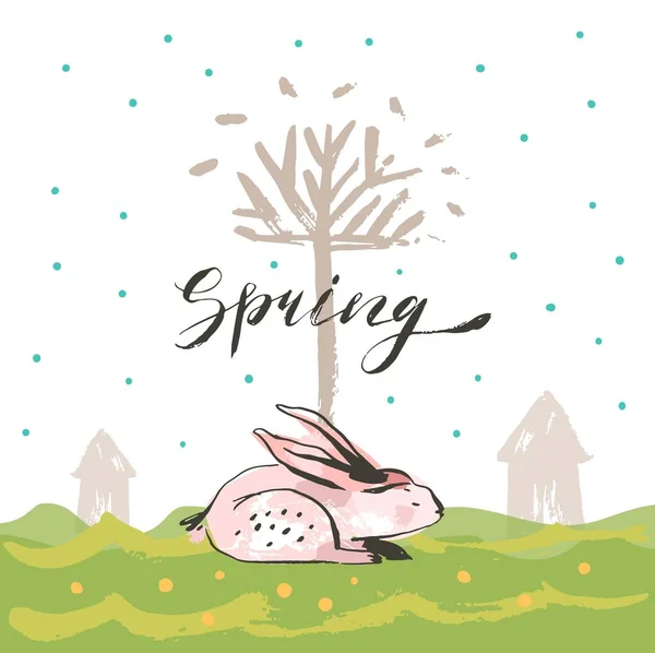 Hand drawn vector abstract sketch graphic scandinavian collage Happy Easter cute simple bunny,tree illustrations greeting card poster and handwritten calligraphy Spring isolated on white background — Stock Vector