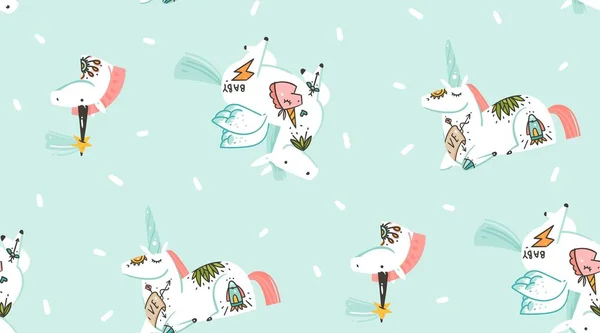 Hand drawn vector abstract graphic creative cartoon illustrations seamless pattern with cosmonaut unicorns with old school tattoo and pegasus in cosmos isolated on blue background