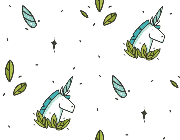 Dibujado a mano vector abstracto gráfico creativo ilustraciones de dibujos animados escandinavos patrón sin costura con unicornios tatuaje de la vieja escuela, estrellas, cuernos, hojas aisladas sobre fondo blanco — Archivo Imágenes Vectoriales