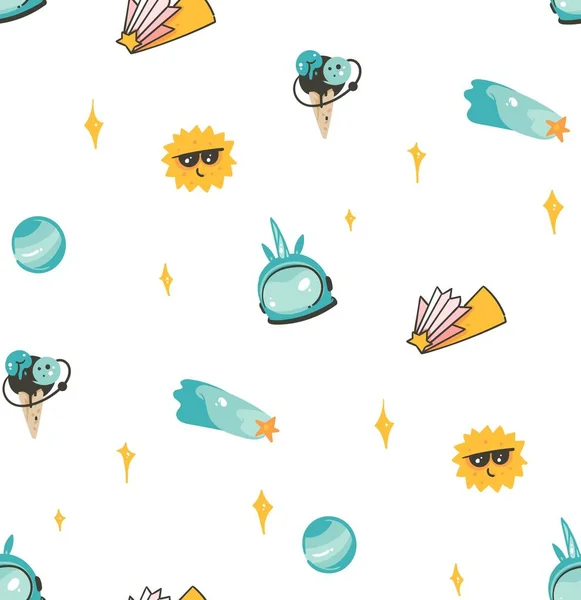 Hand drawn vector abstract graphic creative artistic cartoon illustrations scandinavian seamless pattern with comets,planets,stars,sun and unicorn astronaut isolated on white background