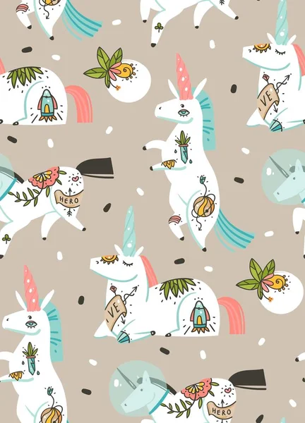 Hand drawn vector abstract graphic creative artistic cartoon illustrations seamless pattern with astronaut unicorns with old school tattoo,flowers,planets and spaceship isolated on pastel background