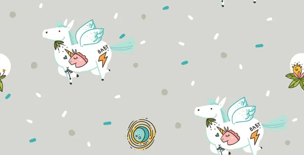 Hand drawn vector abstract graphic creative cartoon illustrations seamless pattern with cosmonaut unicorns with old school tattoo and planet in cosmos isolated on grey modern background