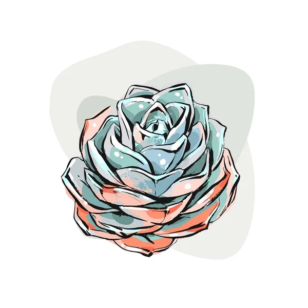 Dibujado a mano vector abstracto tinta gráfico cepillo texturizado dibujo flor flores suculentas en verde menta colores aislados sobre fondo blanco.Boda, Cumpleaños y guardar los elementos de diseño de la fecha — Archivo Imágenes Vectoriales