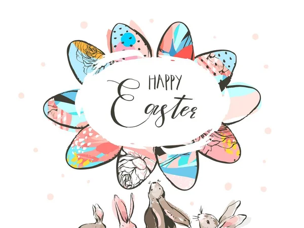 Hand drawn vector abstract graphic scandinavian collage Happy Easter cute simple bunny,eggs illustrations greeting card and Happy Easter handwritten calligraphy isolated on white background — Stock Vector