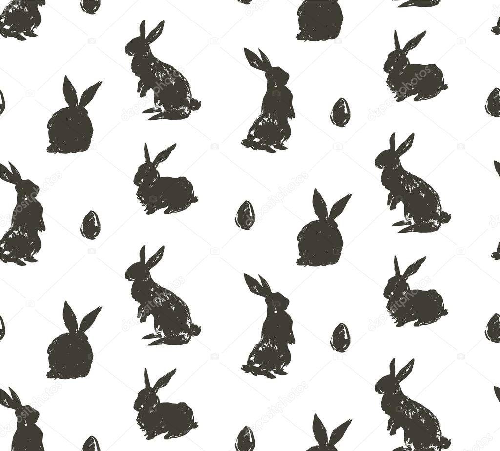 Hand drawn vector abstract sketch graphic scandinavian freehand textured modern collage Happy Easter cute simple bunny,eggs illustrations silhouette seamless pattern isolated on white background