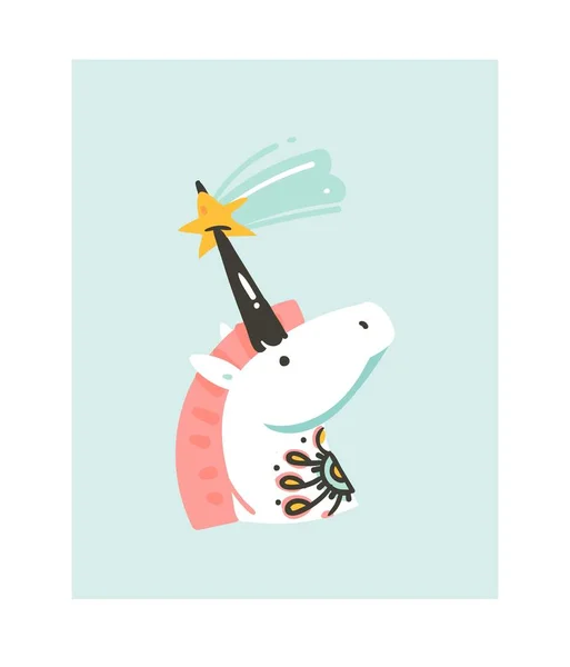 Icono de ilustraciones de dibujos animados gráficos abstractos vectoriales dibujados a mano con unicornio simple con tatuaje de la vieja escuela y cometa en cuerno aislado sobre fondo blanco — Vector de stock