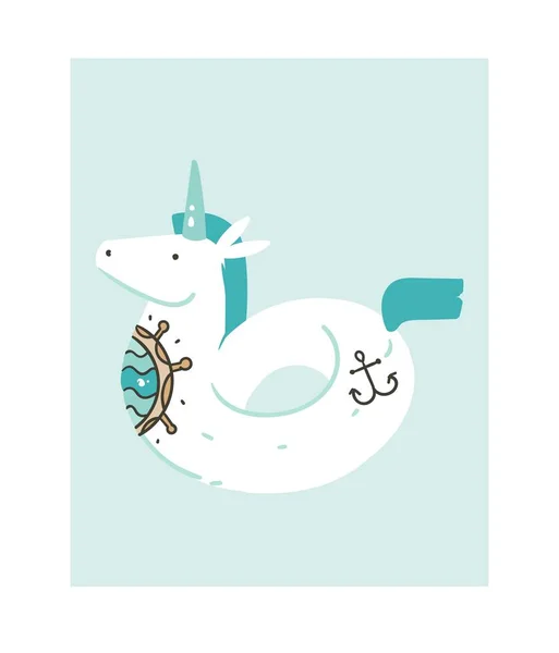 Vector dibujado a mano gráfico abstracto ilustraciones de dibujos animados icono con simple unicornio piscina flotador boya anillo con tatuaje de la vieja escuela aislado sobre fondo blanco — Vector de stock